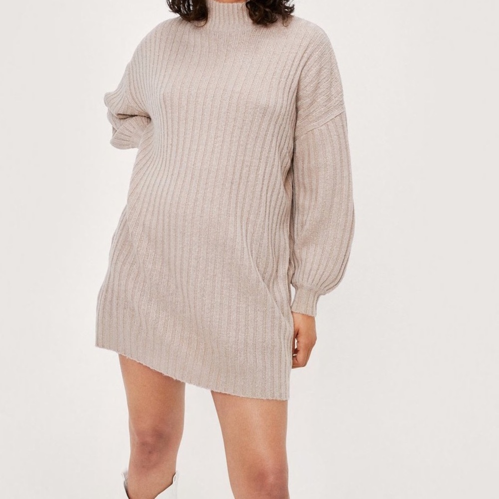 Nasty Gal Wide Ribbed Soft Knit Mini Sweater Dress size L in oatmeal tan neutral
